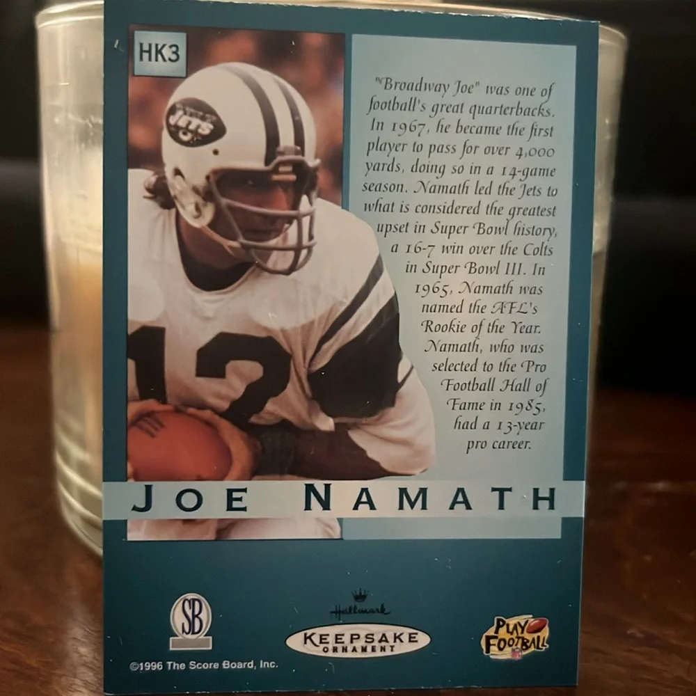 VINTAGE 1997 Hallmark JOE NAMATH Keepsake Ornament & Card Football Legend EUC